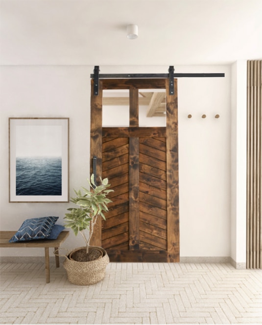 light chevron wood dual glass pane stained chevron panel barn door lifestyle bedroom door in california