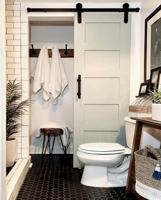 bathroom linen closet painted 5 panel shaker sliding wooden sliding barn door