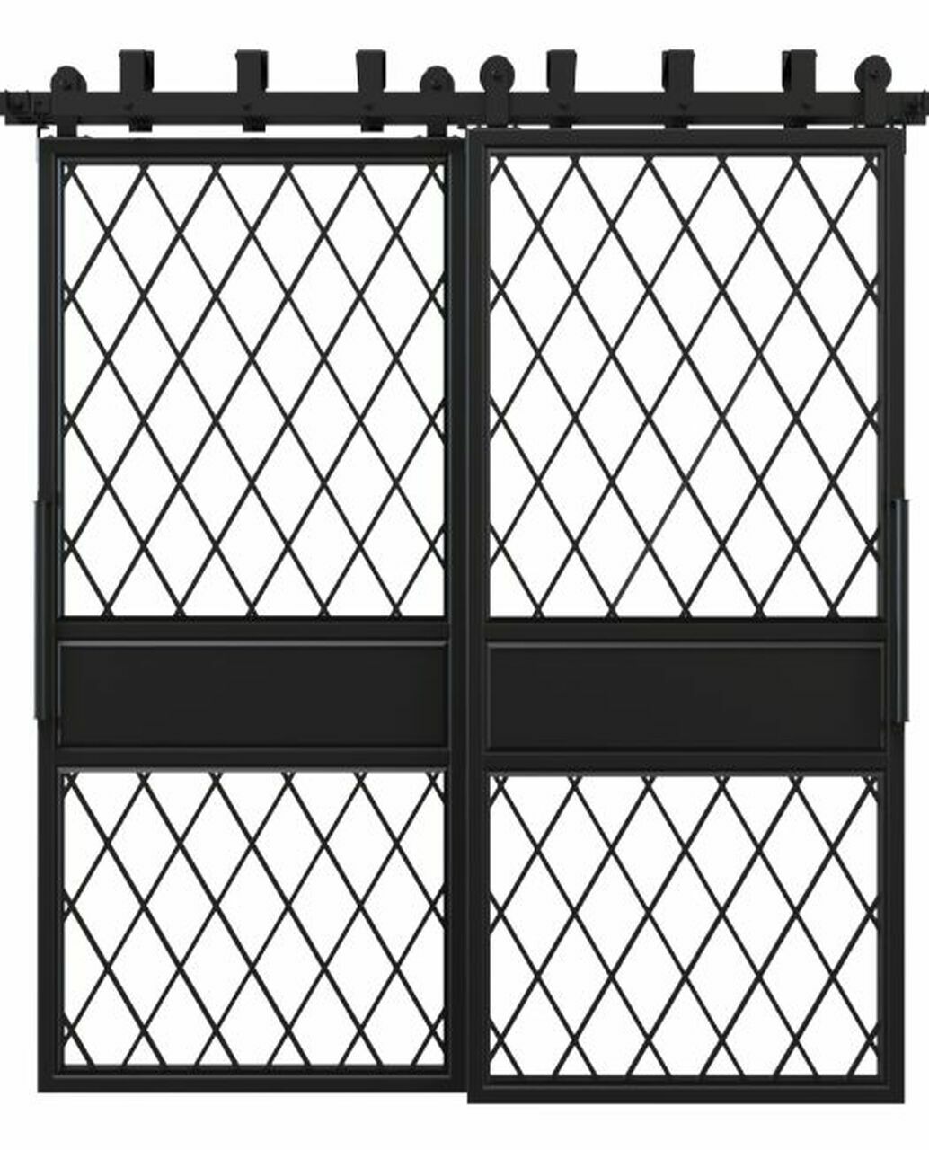 metal two panel glass bypass barn door with diamond pane window