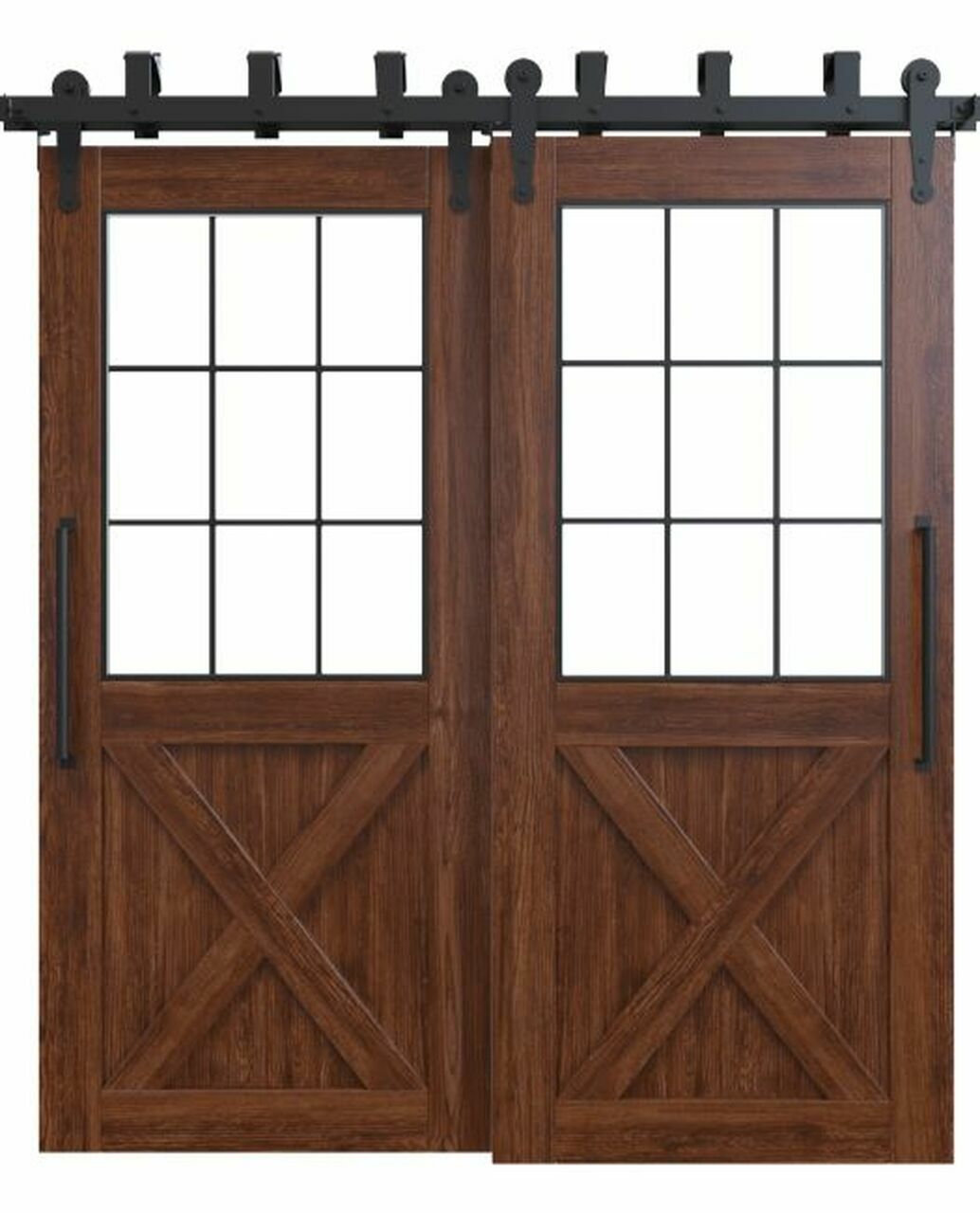 wood french double barn door with glass window