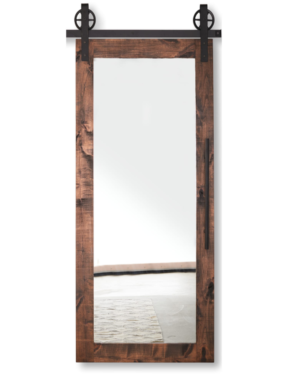 stained wood barn door with full pane glass