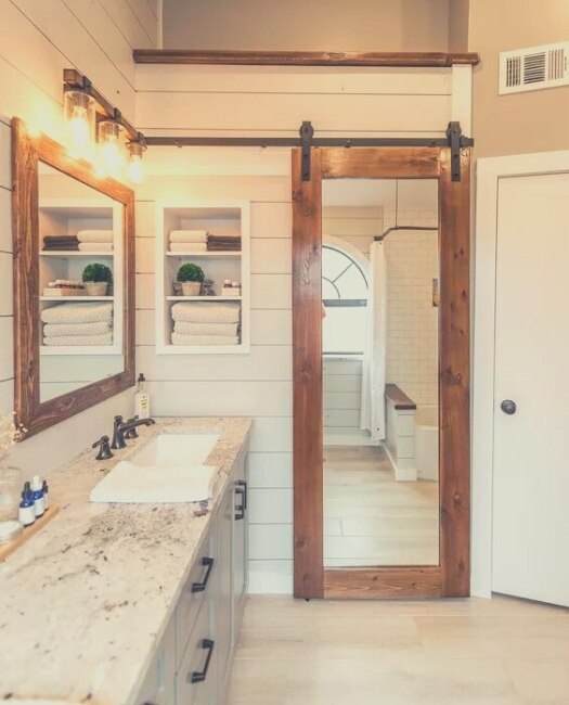 Aged Wood Bathroom Mirror Sliding Barn Door