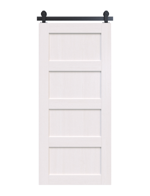 white 4 panel wood barn door (Sherwin Williams Extra White)