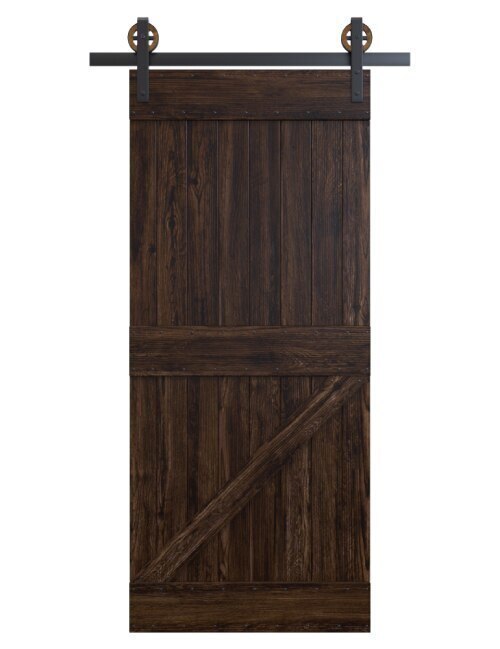 dark wood stained traditional barn door with diagonal panel
