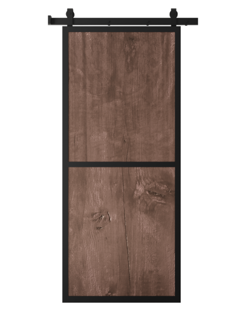 metal frame barn door with stained wood panels