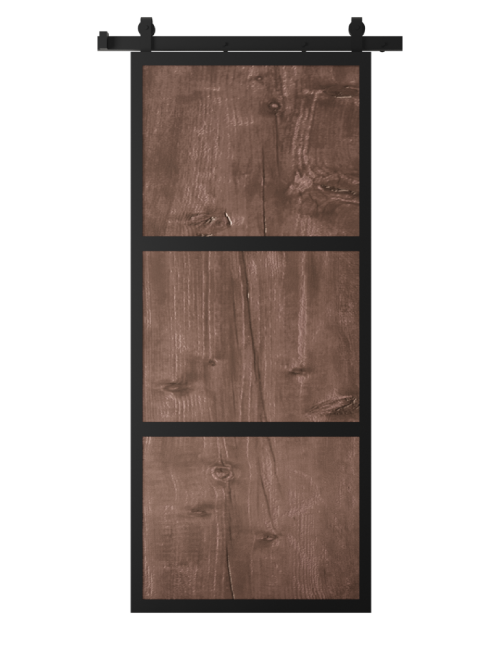 metal frame barn door with stained wood panels