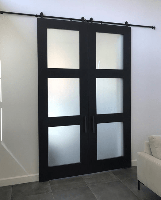 Three Panel Glass Double Sliding Barn Door - LifestyleFrosted