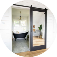 The Stacey Wood Frame Mirror with Geometric Grid Sliding Barn Door