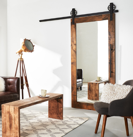 The Stacey Wood Frame Mirror with Geometric Grid Sliding Barn Door