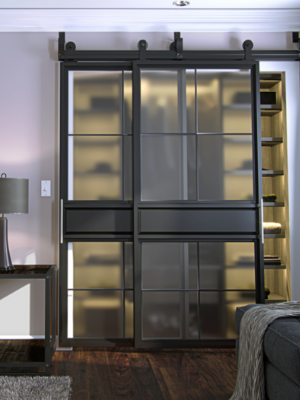 A modern double sliding closet doors with shelves