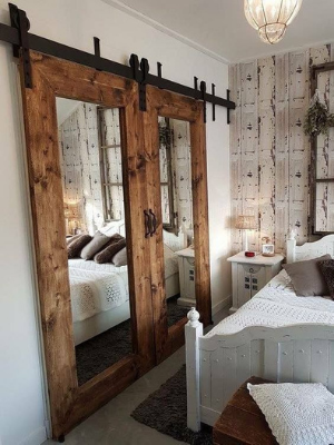 The Stacey Wood Frame Mirror with Geometric Grid Sliding Barn Door