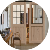 The Stacey Wood Frame Mirror with Geometric Grid Sliding Barn Door