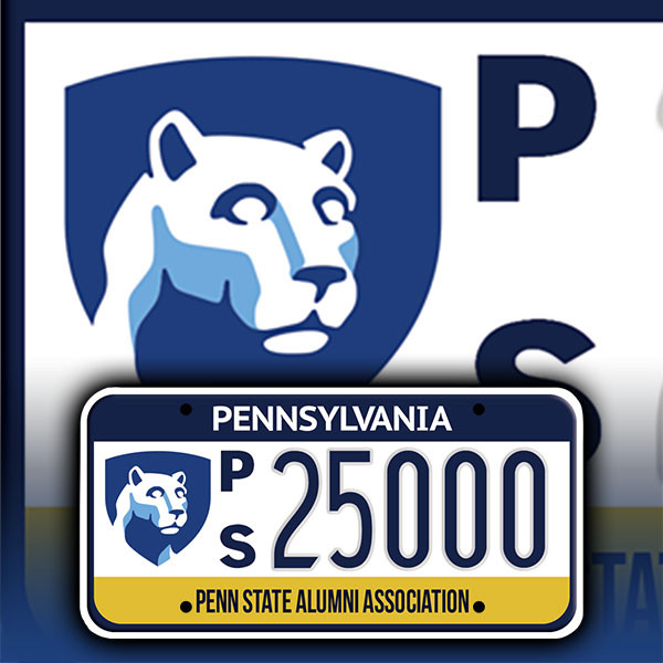 The Penn State Alumni Association Affinity License plate features the Penn State Shield and Nittany Lion head from the University's mark.
