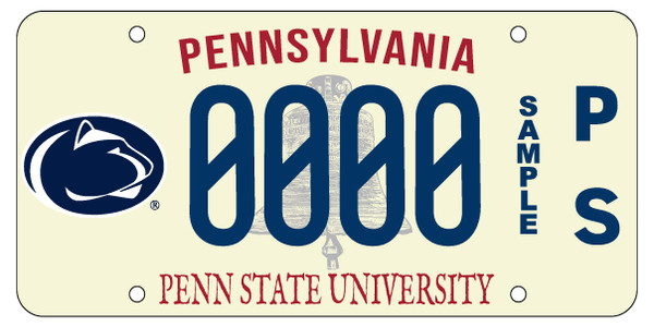 The Penn State University Affinity License plate features the iconic athletics logo—the blue and white Nittany Lion head in a stylized oval shape.