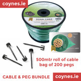 Robot Lawnmower Boundry Cable and Cable Peg Bundle. 500 metre roll of Heavy Duty Boundry cable and 200 piece bag of Ambrogio Duel hook Pegs coynes.ie ireland