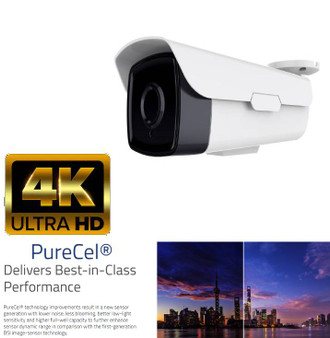 4K Ultra High Definition 8MP PureCel Sensor Weatherproof Bullet Day and Night Camera 3.6-11mm 3X Motorized Zoom Auto Focus Lens H.264/H.265 Compression IP Camera Onvif 2.4