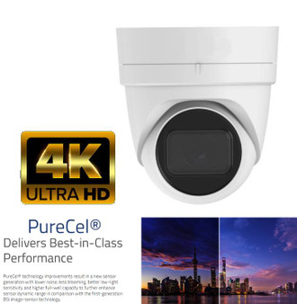 4K Ultra High Definition 8MP PureCel Sensor Weatherproof Dome Day and Night Camera 3.6-11mm 3X Motorized Zoom Auto Focus Lens H.264/H.265 Compression IP Camera Onvif 2.4