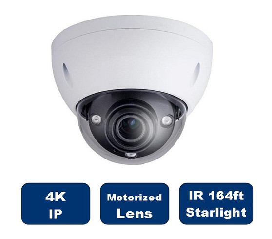 4K 1/2.5" 8MP WDR IR Dome Network Camera, Motorized lens, Smart H.265+, 2.7-12mm, 15fps@8MP, 30fps@3MP, IP67, IK10, 164' IR, ePoE, IVS, Micro-SD Slot, UL Listed