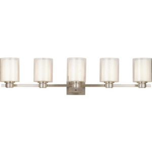 Oslo Five-Light Vanity Brushed Nickel Two-Piece Clear And White Cylinder Glass