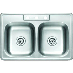 Stainless Steel Double Bowl Kitchen Sink - 3 Hole 7 Inch Depth - 22 X 33 Inch 