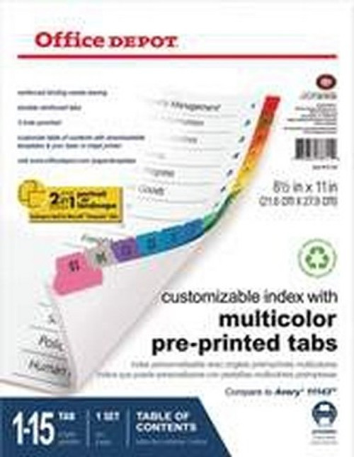 Office Depot Table Of Contents Tabs Assorted Colors #1-15