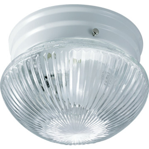 2 Light Flush Mount Fixture White Clear Ribbed Glass 8"