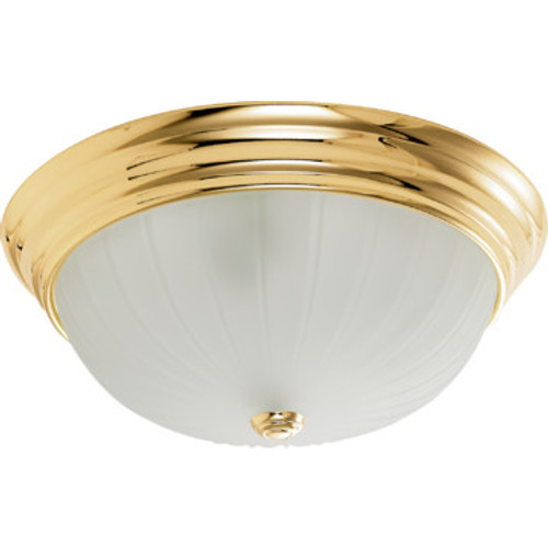 Light Flush Mount Fixture Polished Brass Frosted Melon Ribbed Glass 15"