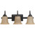 LED Three-Light Vanity Fixture, Bronze, Tea Stained Glass, 26 Watt