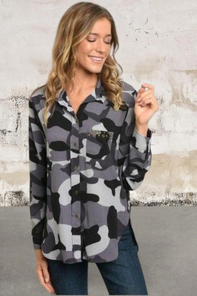 camouflage button front top