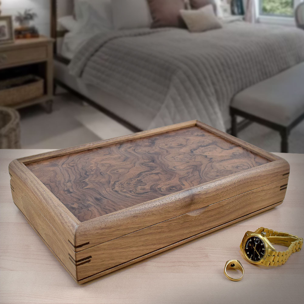 Walnut Wood Craftsman Valet Box with Burl Lid | Made in the USA