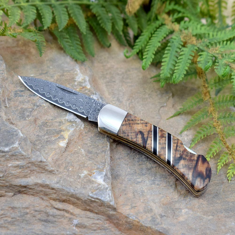 Damascus Blade 3 Lockback Pocket Knife with Spalted Beech Wood Handle