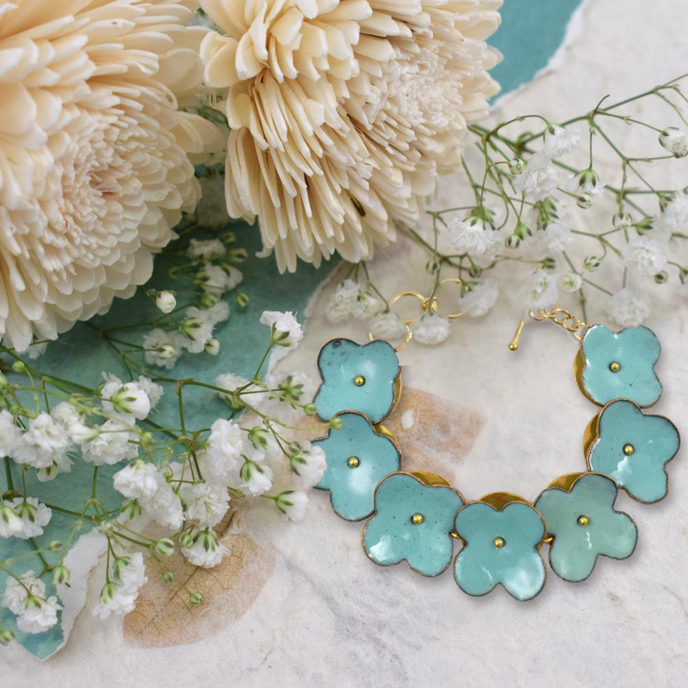 Teal Forget-Me-Not Floral Toggle Bracelet Handmade in the USA