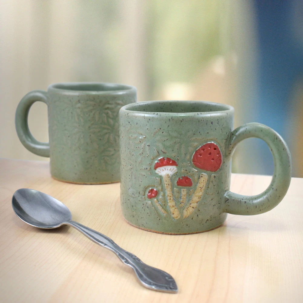 Retro Earthy Green Mushroom Pottery 10-oz Mug