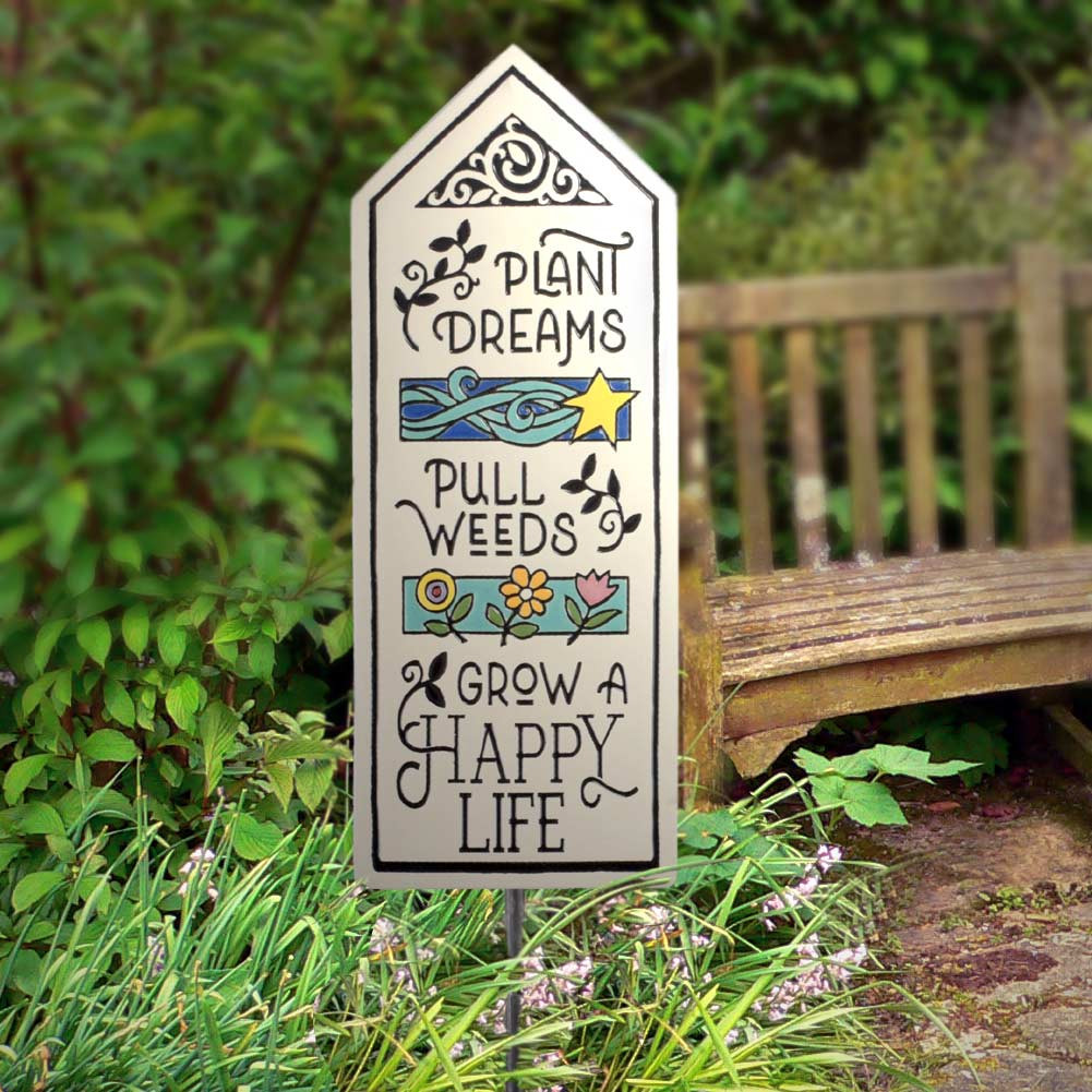 Ceramic Tile Garden Stake with Grow a Happy Life Quote
