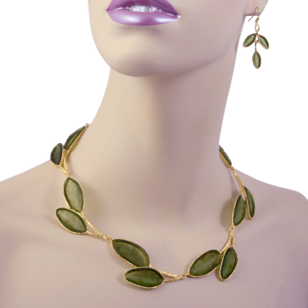 Green Sage Leaf GoldPlated Artisan Glass Necklace + Earrings Set