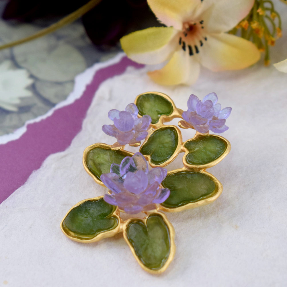 Artisan Glass and Gold Plate Water Lily Brooch by Michael Vincent