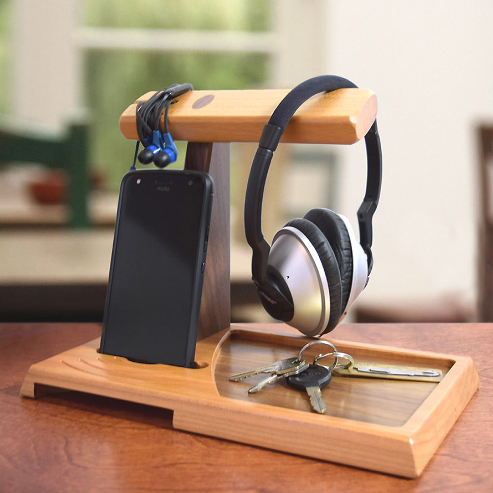 Natural Wood Phone Amplifier Valet Tray and Headphone Stand