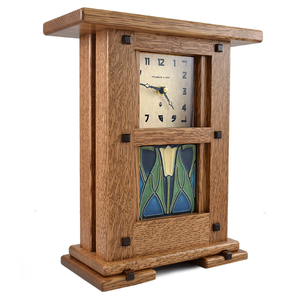 Arts and Crafts Style Upright Clock with Nouveau Lotus Tile