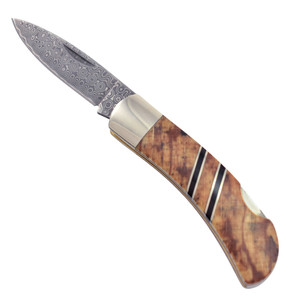 Damascus Blade 3" Lockback Pocket Knife with Spalted Beech Wood Handle