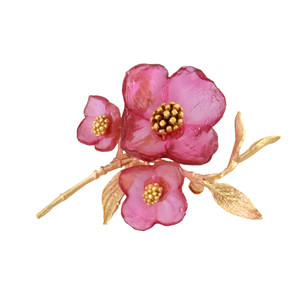 Artisan Glass & Gold Plate Pink Dogwood Blossom Brooch