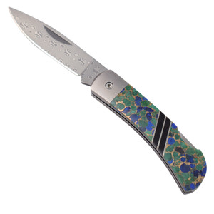 Damascus Blade Pocket Knife with Azurite Stone Handle