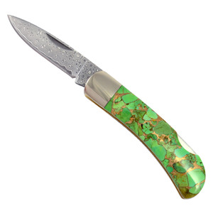 Damascus Blade 3" Pocket Knife with Vibrant Lime Green Turquoise