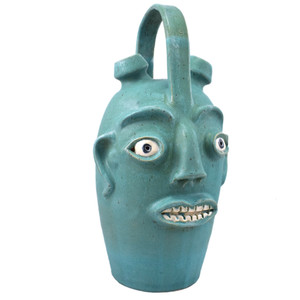 Southern Folk Pottery 14.5" Face Jug Teal Green Double Spout