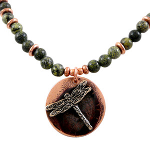 Serpentine Necklace with Copper Dragonfly Pendant
