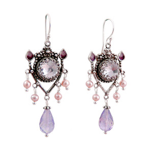 Upscale Bohemian Chandelier Earrings: Pink Amethyst and Pearl