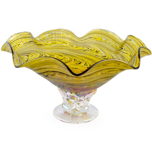 Hand-Blown Glass Fluted Pedestal Bowl - Topaz Gold