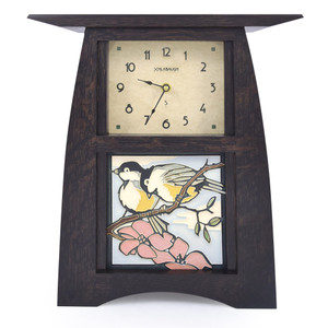 Arts and Crafts Style Upright Clock with Chickadees Tile