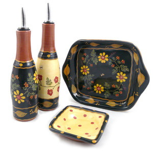 Terra Cotta Oil and Vinegar Serving Set: Romany Old Rose Motif