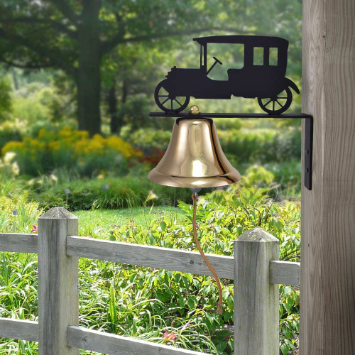 Wall Mounted Brass Patio Bell with Vintage Car Motif Made in the USA