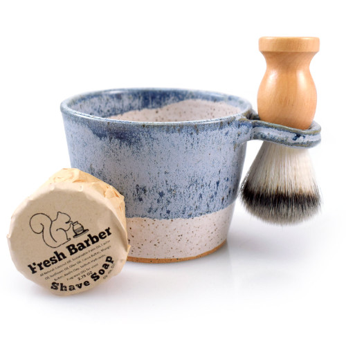 Stoneware Pottery Shave Bowl and Brush Set